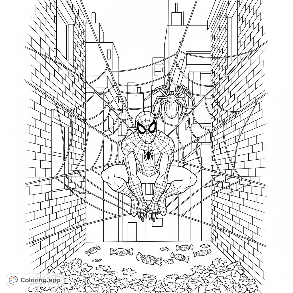 Join Spider-Man in a hilarious tangle! This free printable Spider-Man coloring page features him caught in a giant web with a plastic spider.