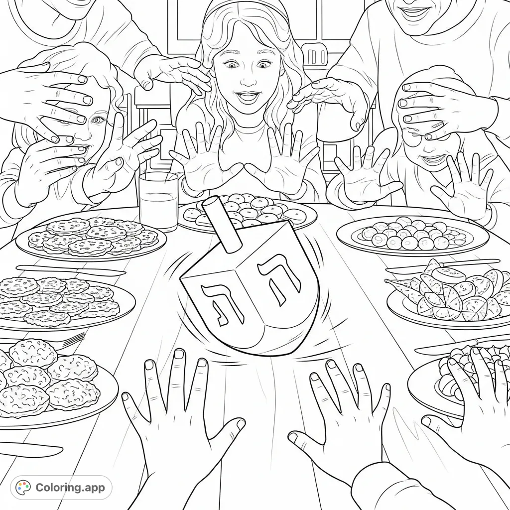 Capture a lively Hanukkah moment with a spinning dreidel surrounded by eager hands and festive foods on a polished table. Fun for all ages!