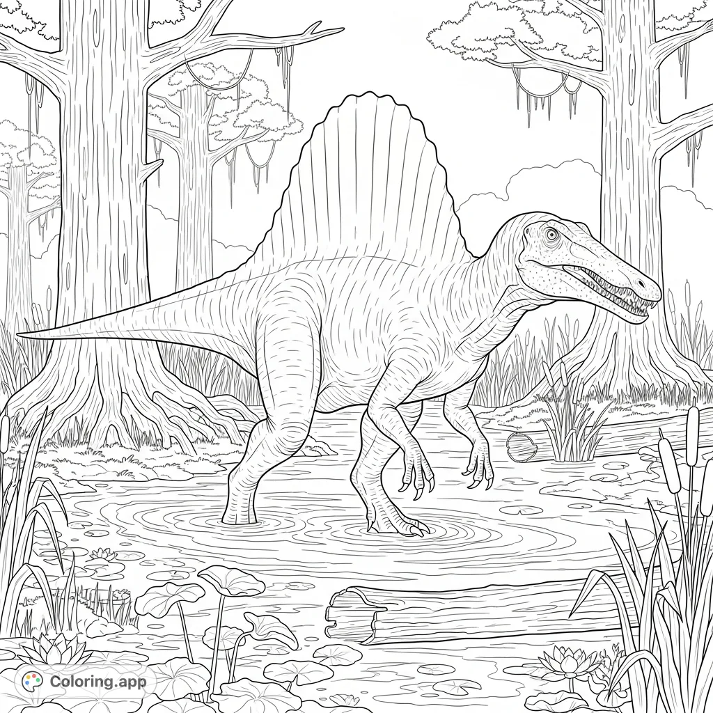 An exciting coloring page featuring a majestic Spinosaurus navigating a dense, ancient swamp filled with gnarled trees, aquatic plants, and rippling water.
