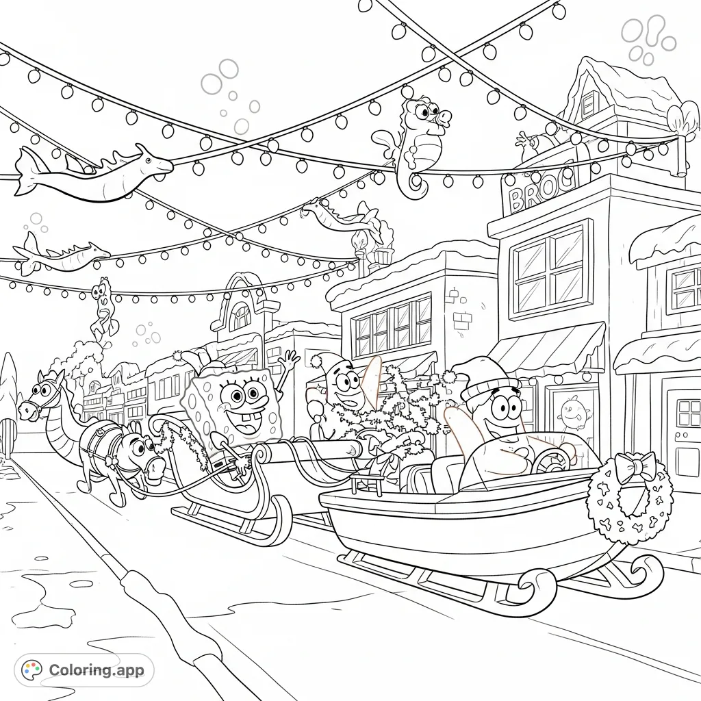 Join Spongebob, Patrick, and Mrs. Puff in a festive Bikini Bottom winter wonderland. A free printable Spongebob coloring page for endless fun!