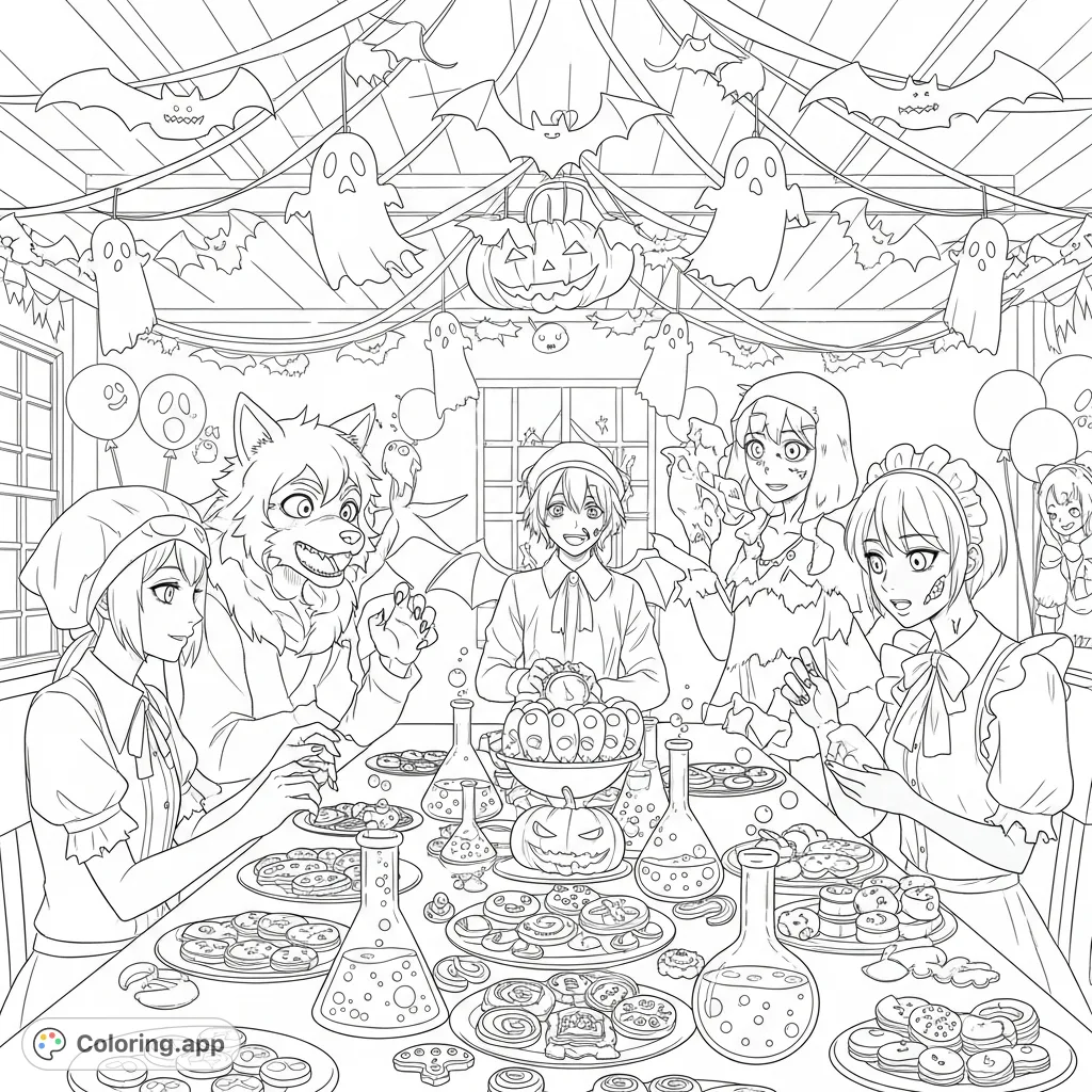 Dive into a festive Halloween party coloring page featuring costumed characters, spooky treats, and playful decorations. Perfect for all ages!