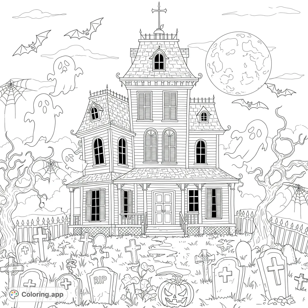 Explore a spooky haunted house coloring page with ghosts, bats, a graveyard, and a jack-o'-lantern under a full moon. Perfect for Halloween fun!
