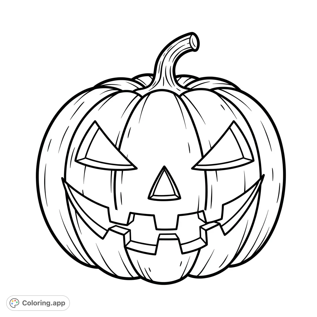 A classic Halloween jack-o'-lantern with carved triangular eyes and a jagged smile. Perfect for festive coloring fun!