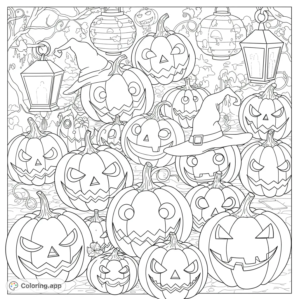 A festive Halloween coloring page featuring a dense collection of spooky and smiling jack-o'-lanterns, witch hats, and lanterns.
