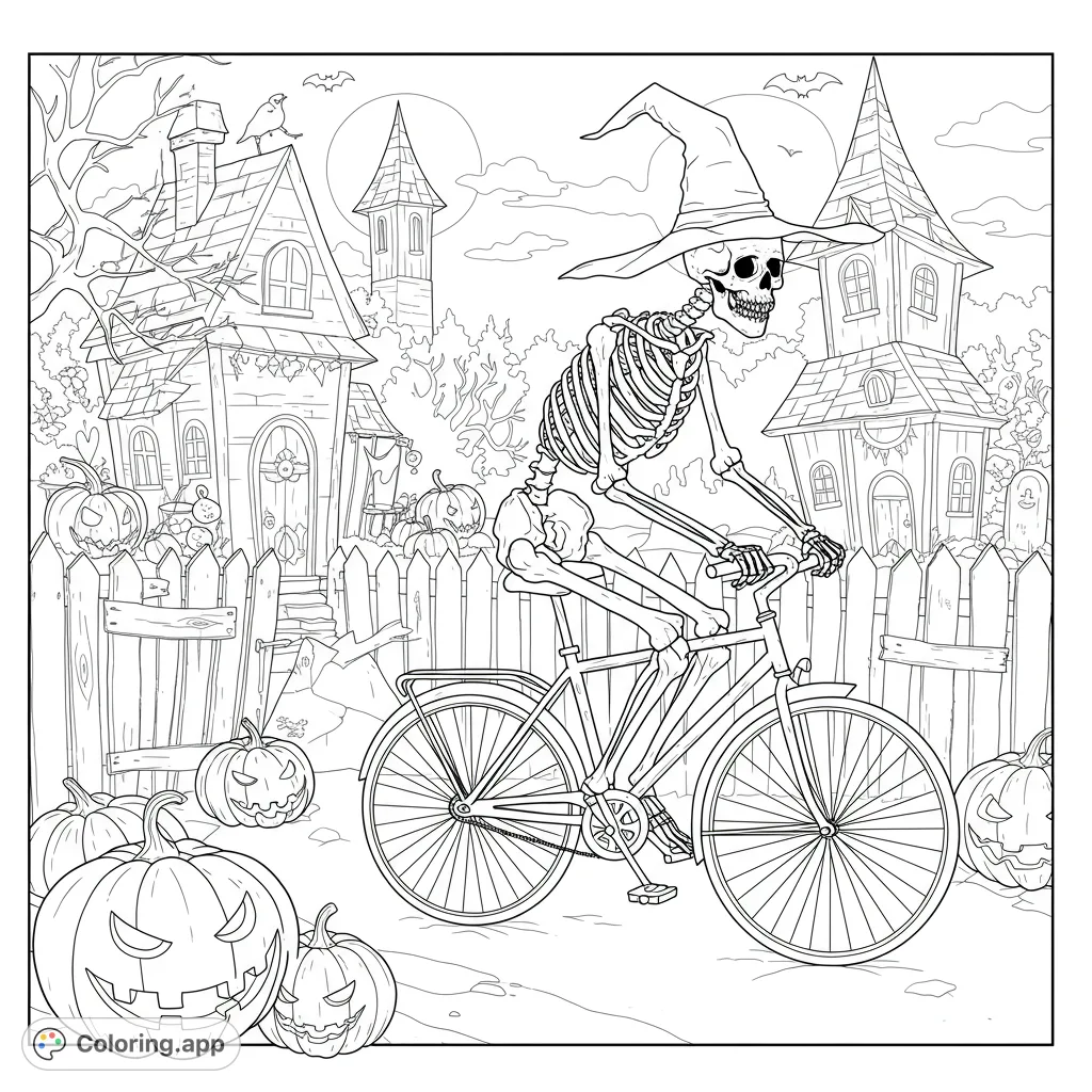 A fun Halloween skeleton coloring page featuring a witch-hatted skeleton riding a bicycle past spooky houses and jack-o'-lanterns. Free printable for all ages.