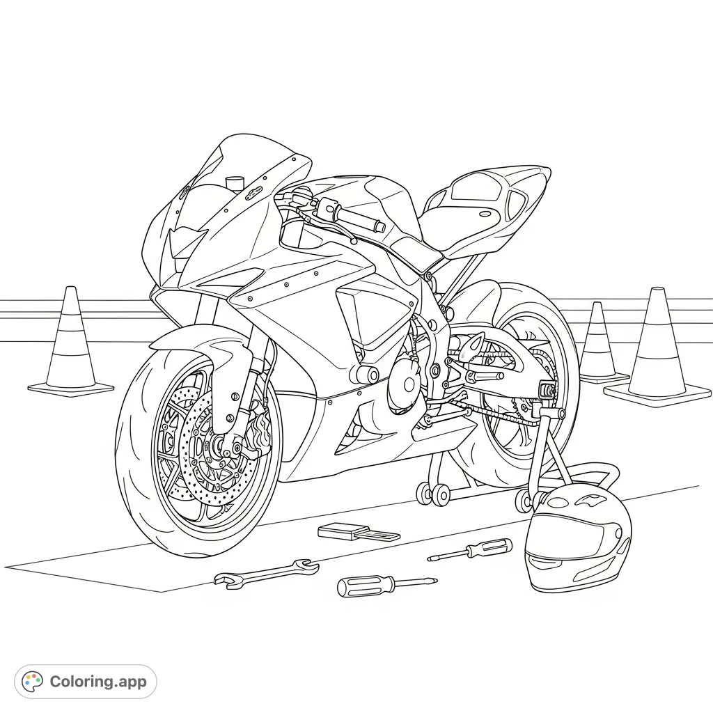 Detailed coloring page featuring a track-prepped sportbike on a paddock stand, surrounded by simplified tools and track cones. Perfect for motor enthusiasts.