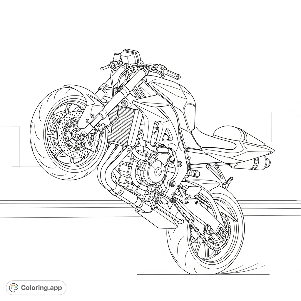 A detailed stunt-style sportbike performing a perfect stoppie, balancing on its front wheel with dynamic precision. Ready for vibrant coloring!