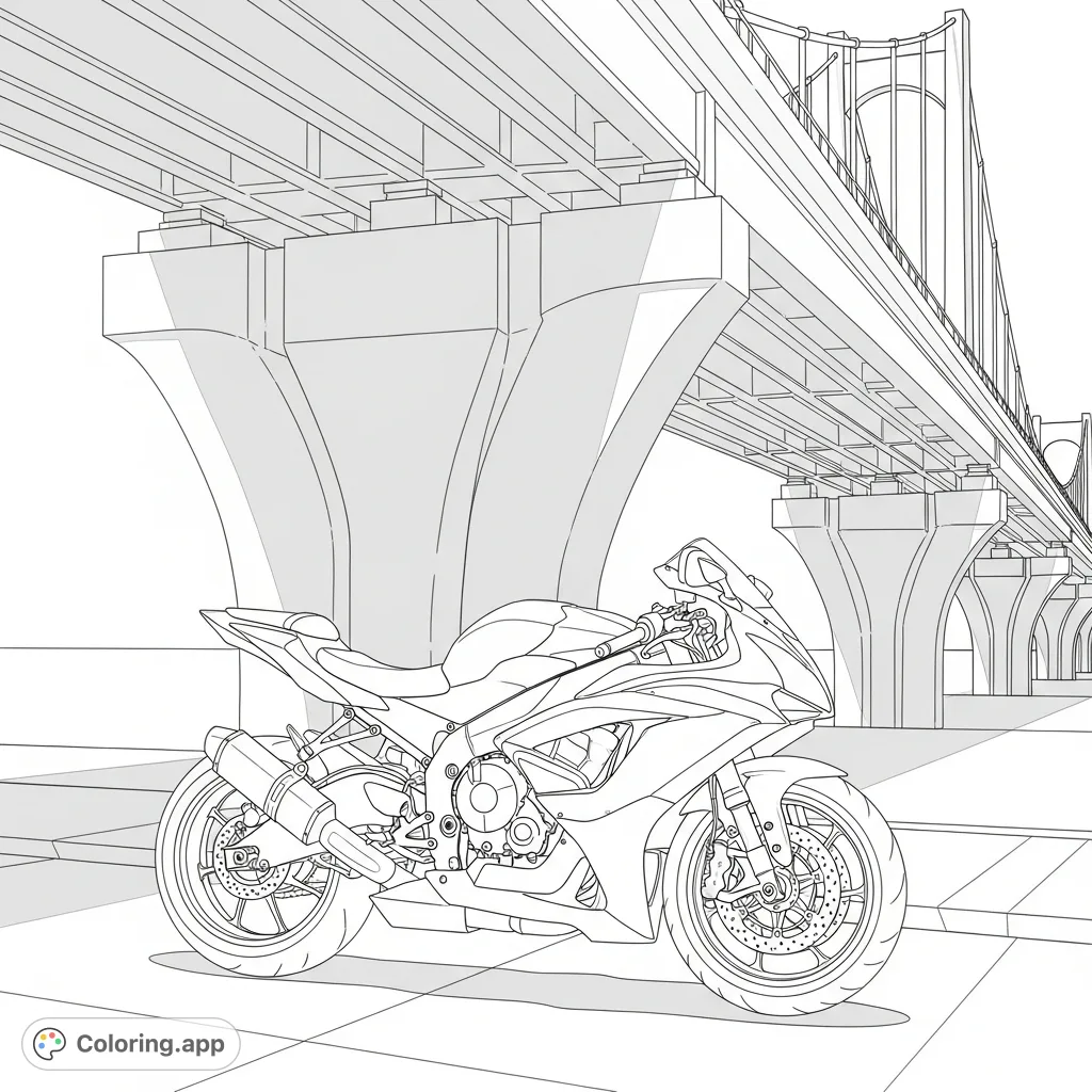 A dynamic coloring page featuring a sleek sportbike parked under a grand bridge with prominent architectural arches and intriguing shadow patterns.