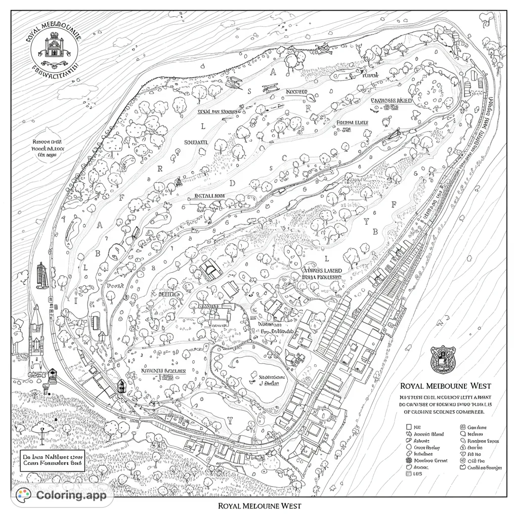 Explore a detailed map-style landscape coloring page featuring winding paths, diverse buildings, and lush trees. A free printable for all ages.