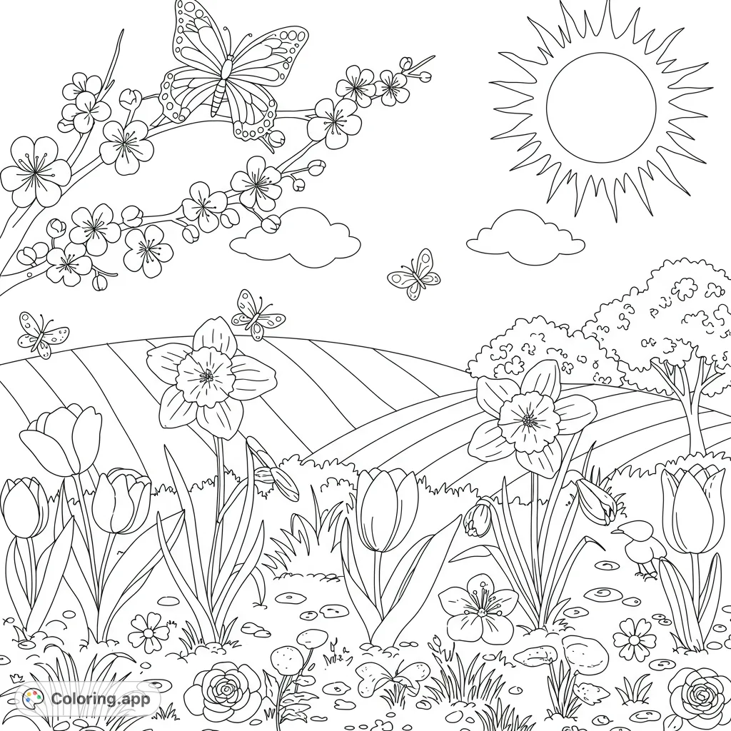 A delightful spring garden coloring page featuring blooming daffodils, tulips, cherry blossoms, and playful butterflies under a bright sun. Perfect for all ages.