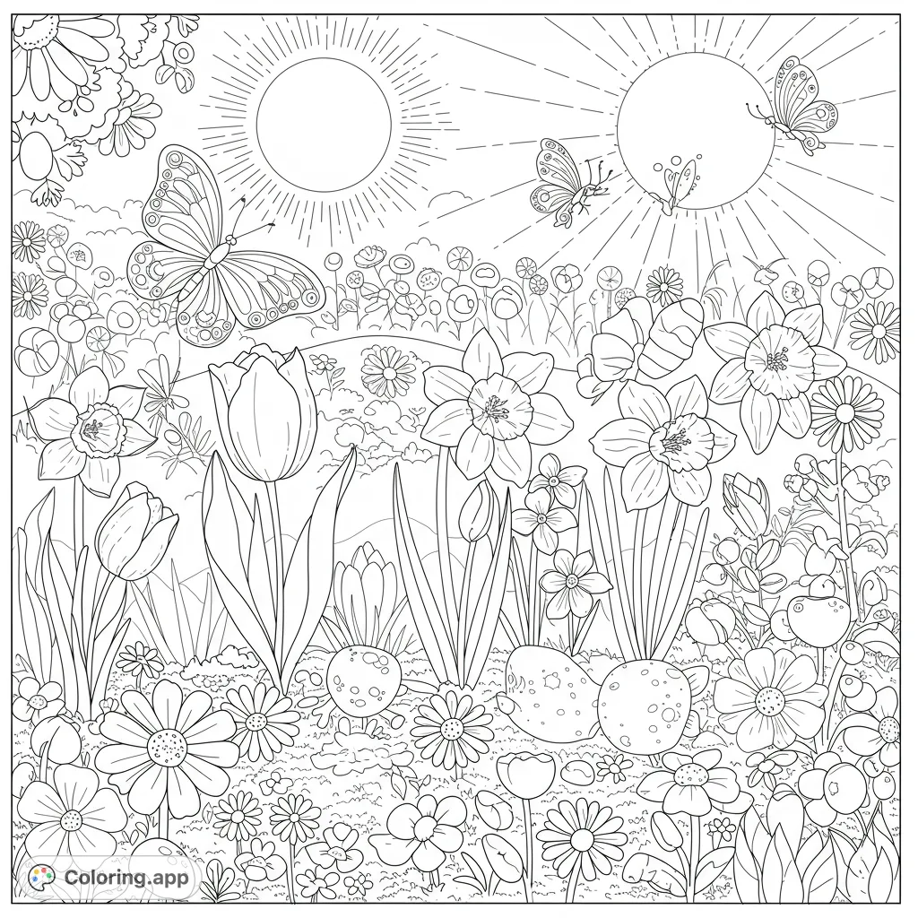 A beautiful spring garden coloring page featuring detailed butterflies, blooming daffodils, tulips, and daisies under a sunny sky. Perfect for nature lovers.