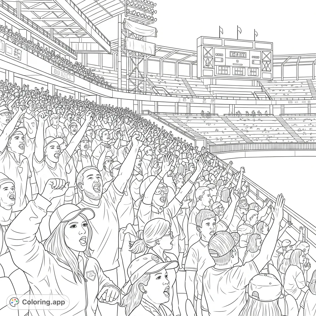 Capture the thrill of game day! This detailed stadium crowd coloring page features cheering fans, team attire, a massive scoreboard, and stadium architecture.