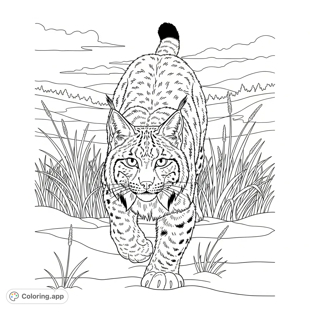 A majestic lynx stalks through tall, snow-covered grass, poised and alert in a winter landscape, featuring detailed fur and bold contours.