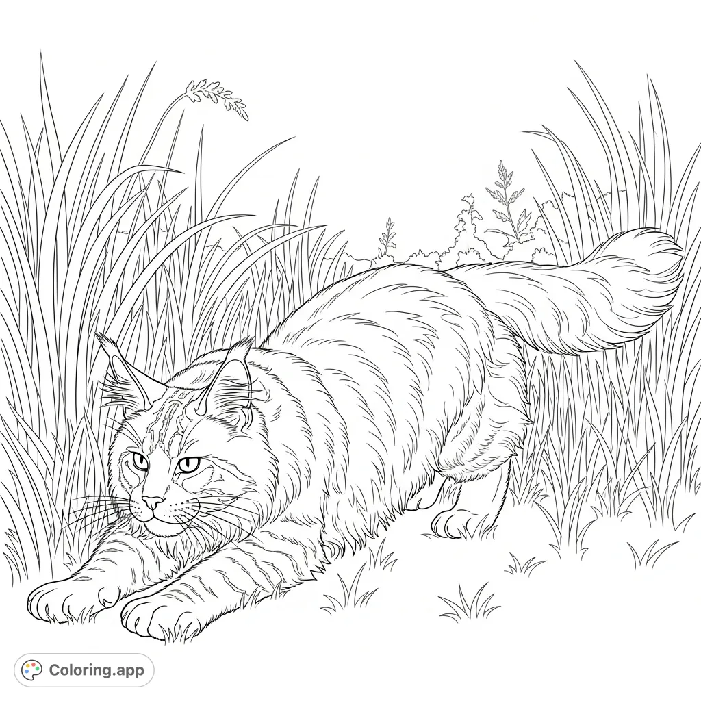 A detailed Maine Coon cat, with shaggy fur and ear tufts, crouches low in a stalking pose, framed by tall, slender grass blades. A natural scene for animal lovers.