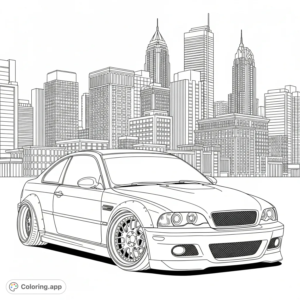Color a detailed M3 sports car with cambered wheels set against a dynamic city skyline. Perfect for automotive enthusiasts and urban art lovers.
