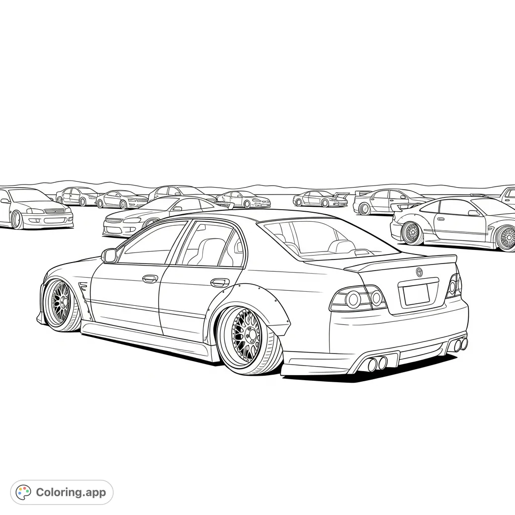 A detailed stance-style sedan with cambered wheels, prominently parked at a car meet. Simplified cars in the background provide context and depth.