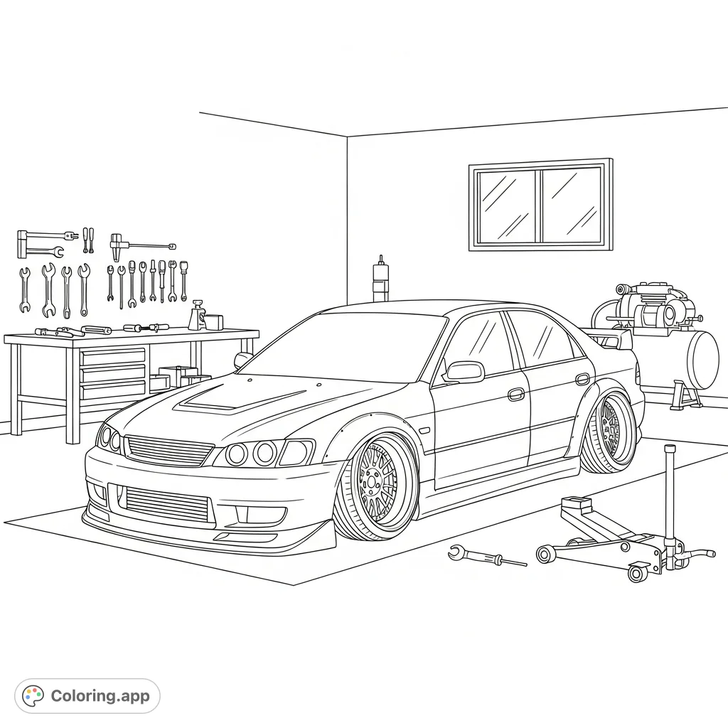 Color a sleek, lowered stance sedan with angled wheels inside a detailed garage, surrounded by simplified tools like wrenches, a jack stand, and an air compressor.