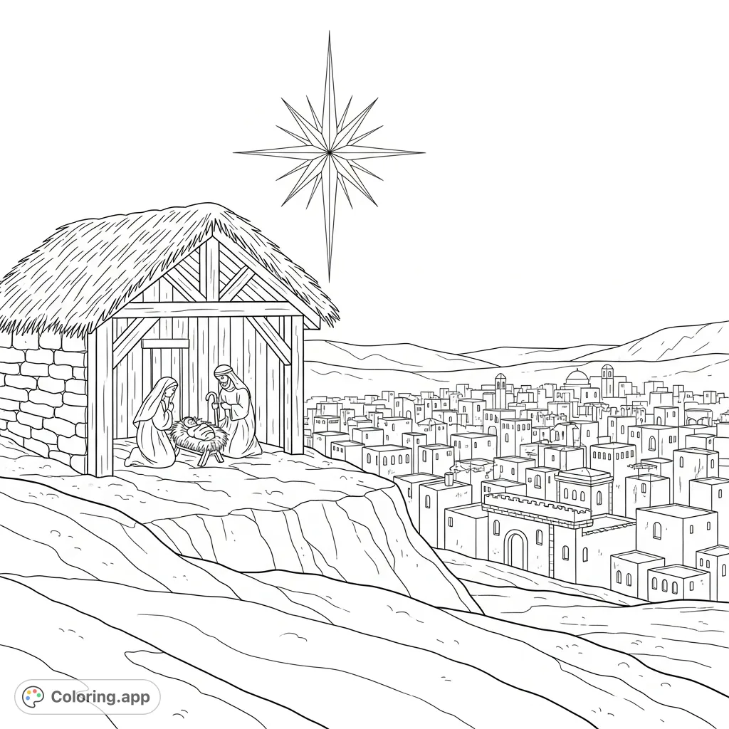 Discover a serene nativity scene with Mary, Joseph, and baby in a stable under a colossal star overlooking ancient Bethlehem. A peaceful, free printable coloring page.