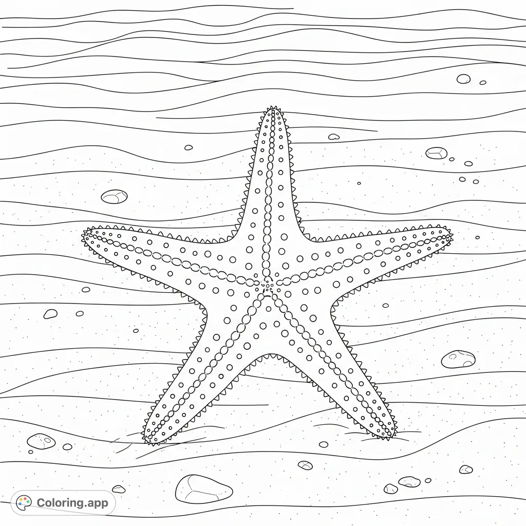 A tranquil starfish resting on a textured sandy ocean floor, surrounded by subtle ripples and small shell fragments, inviting serene coloring.