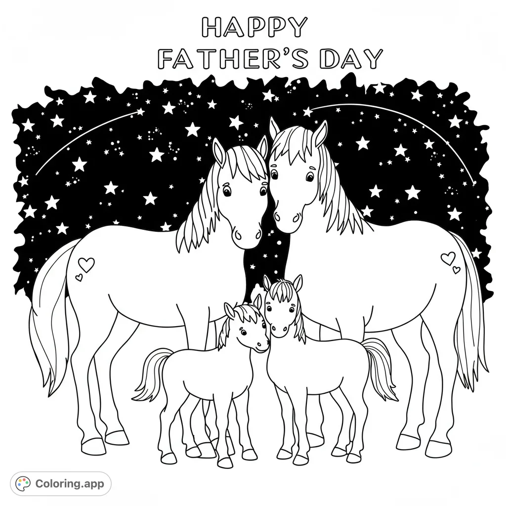 A heartwarming horse family coloring page featuring two adult horses and two foals under a starry night sky, perfect for all ages.