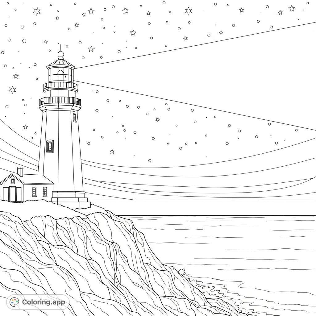 A majestic lighthouse casts a soft, triangular beam into a starry night sky, standing firm on a rugged cliff overlooking a gently waving ocean scene.