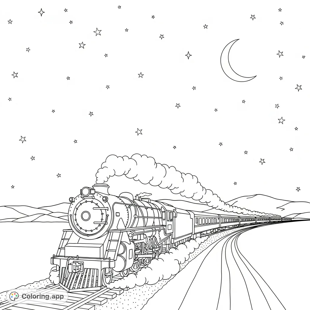 A detailed coloring page featuring a powerful steam locomotive pulling passenger cars under a vast, star-filled night sky with a crescent moon and distant hills.
