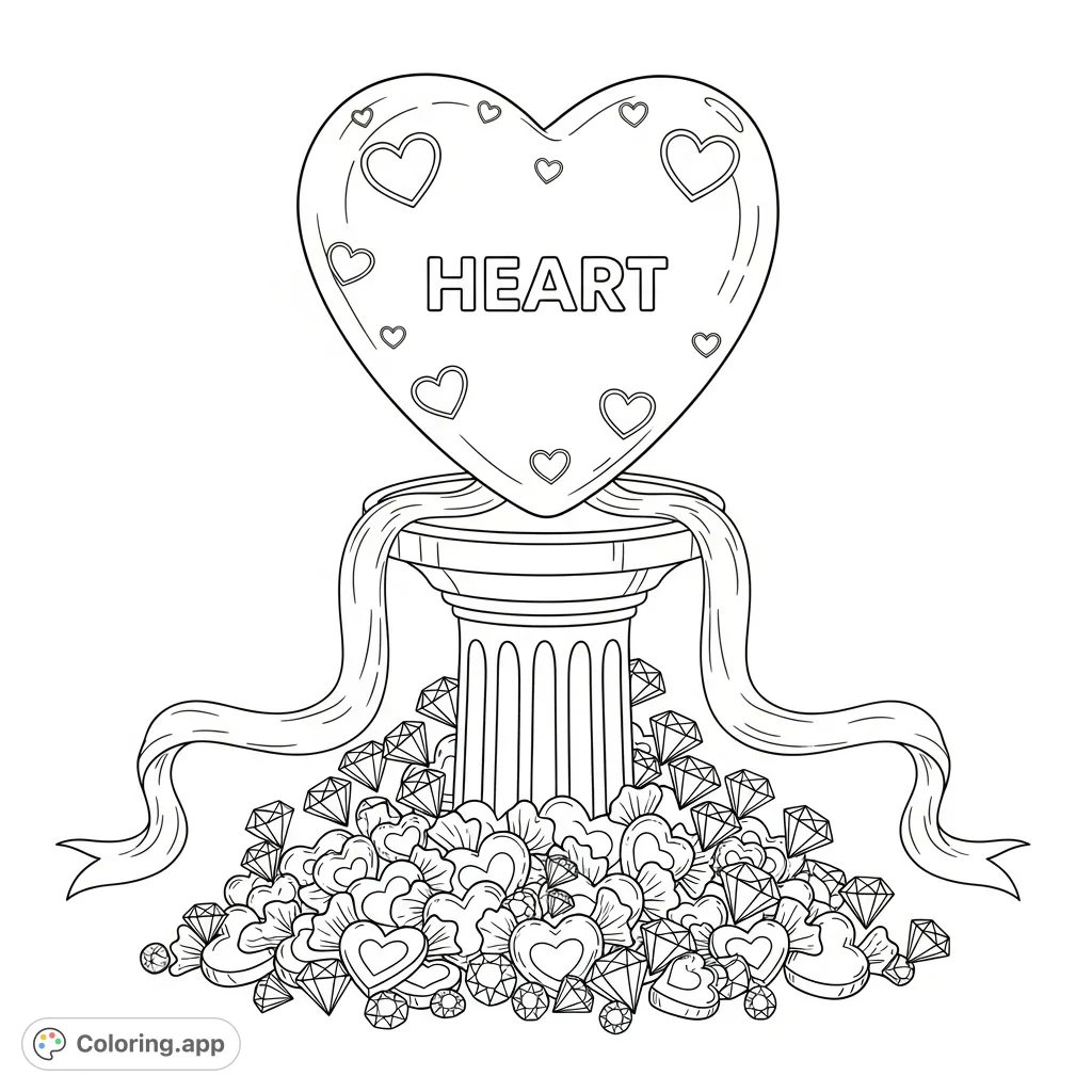 A grand heart stands tall on a pedestal, adorned with etched patterns, flowing ribbons, and a base overflowing with candy hearts and diamond accents.