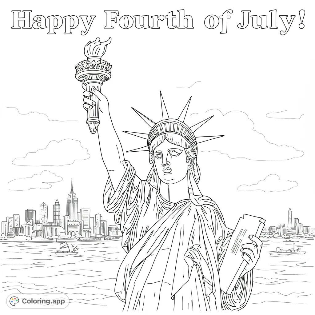 Iconic Statue of Liberty stands tall with torch and tablet, overlooking a detailed city skyline and harbor. A patriotic symbol for coloring.