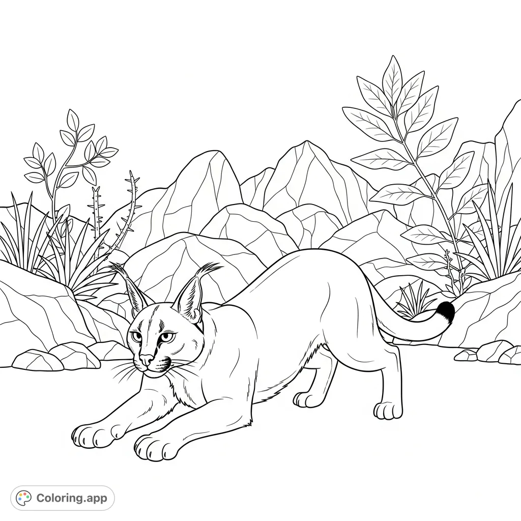 A captivating caracal in a hunting crouch, poised amidst rugged rocks and sparse desert plants. A dynamic scene of wild grace and focused intent.