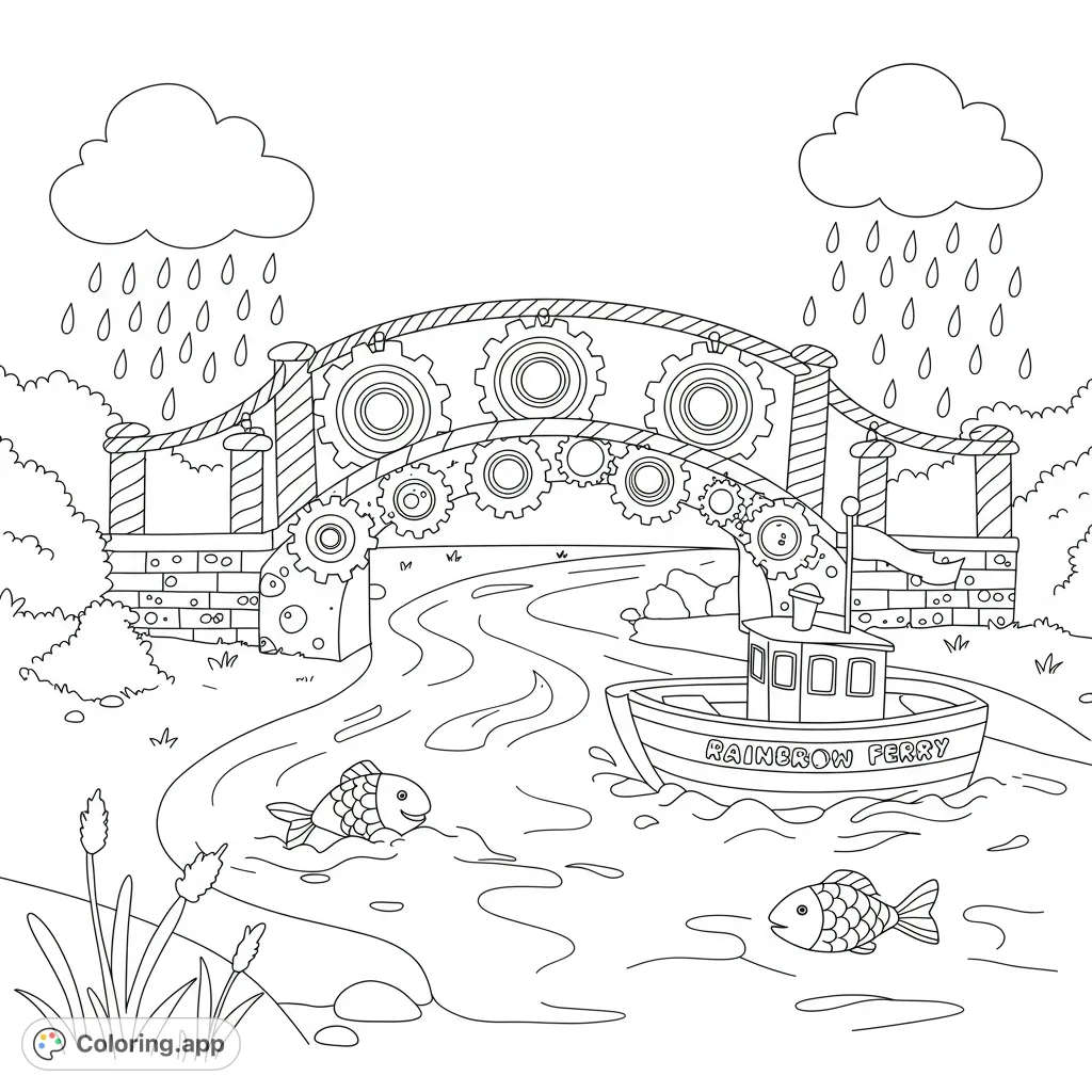 Explore a whimsical steampunk river scene with a gear-adorned bridge, a charming ferry, and playful fish. A free printable coloring page for all ages.