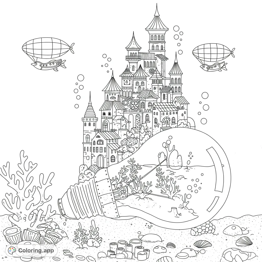 Explore a whimsical steampunk city built atop a giant lightbulb on the seabed, with flying fish-blimps and intricate underwater details. A unique fantasy coloring page.