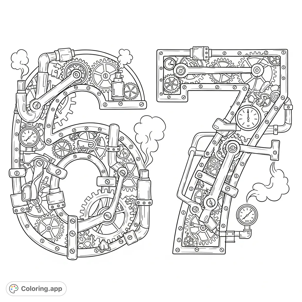 Discover a complex steampunk '6' and '7' crafted from gears, pipes, and levers. This intricate design offers a captivating challenge for colorists of all levels.