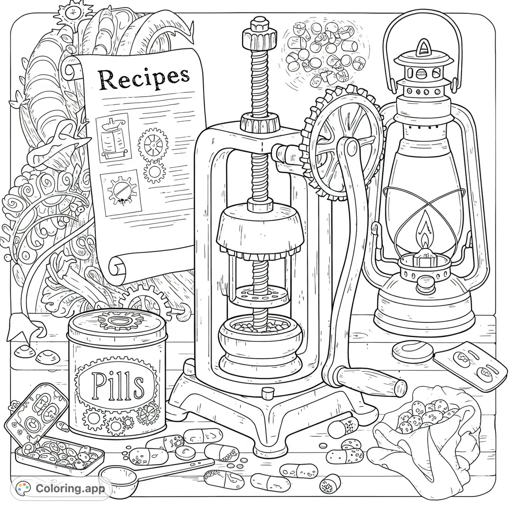 Explore a vintage steampunk workshop with an intricate pill press, old lantern, and scattered capsules. A detailed, free printable coloring page for all ages.