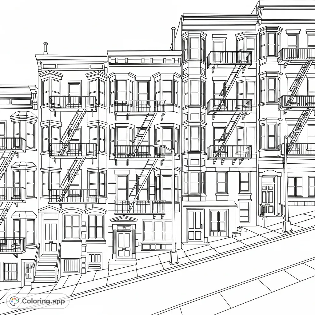 An intricate coloring page depicting a steep residential street with detailed multi-story buildings, featuring fire escapes and bay windows.