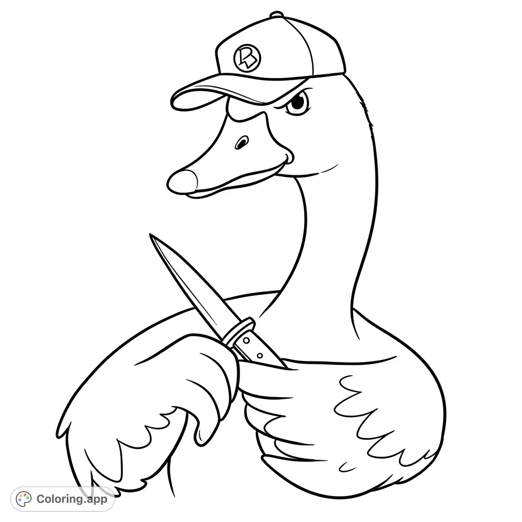 A stern goose in a baseball cap holds a knife, ready for action. A unique and bold animal coloring page for a fun challenge.