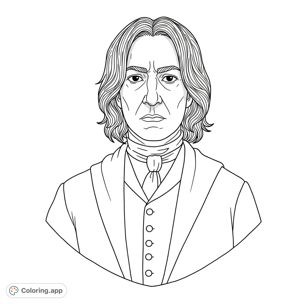 Color a stern wizard bust portrait with flowing hair and classic attire. A free printable fantasy coloring page for all ages, perfect for fans of magic.