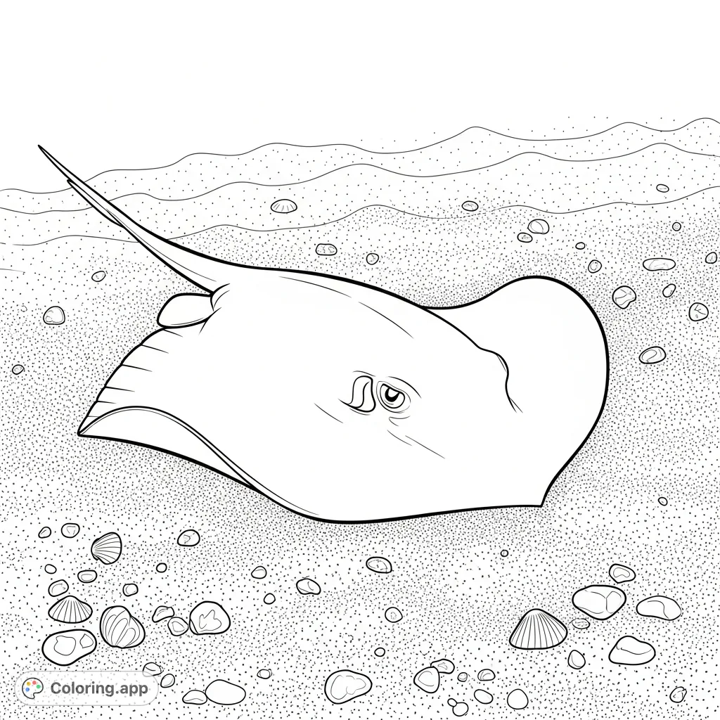 Discover a camouflaged stingray partially hidden in the detailed texture of the ocean floor, blending seamlessly with scattered seashells.