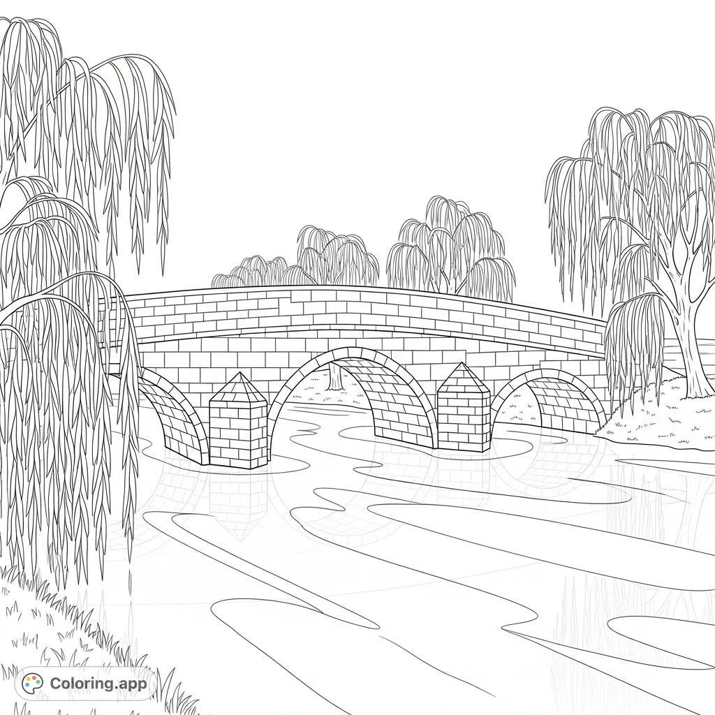 A tranquil stone arch bridge spans a calm river, flanked by graceful willow trees whose simple reflections arc on the water's surface.