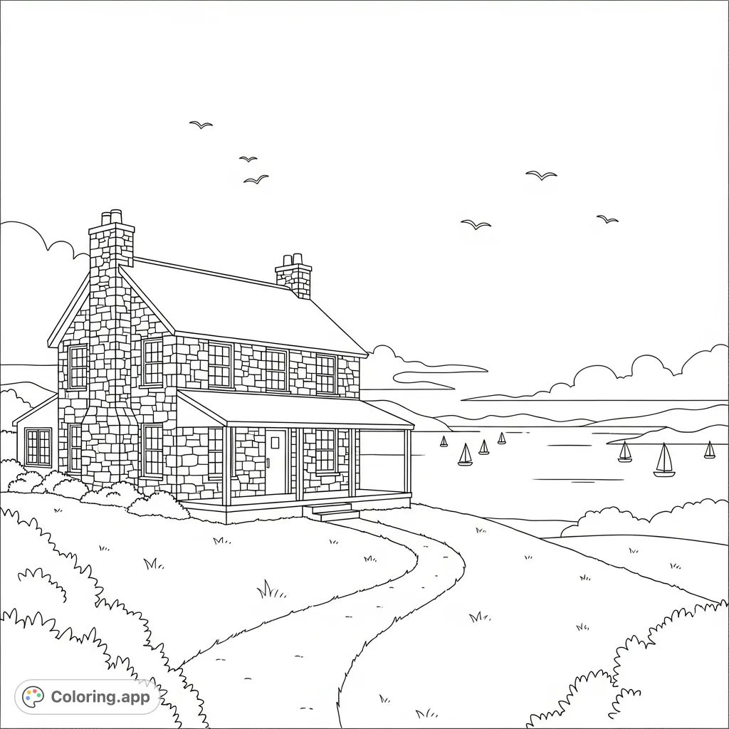 Color a charming stone cottage overlooking a serene bay with distant sailboats and soaring seabirds. A peaceful scene for mindful coloring and relaxation.