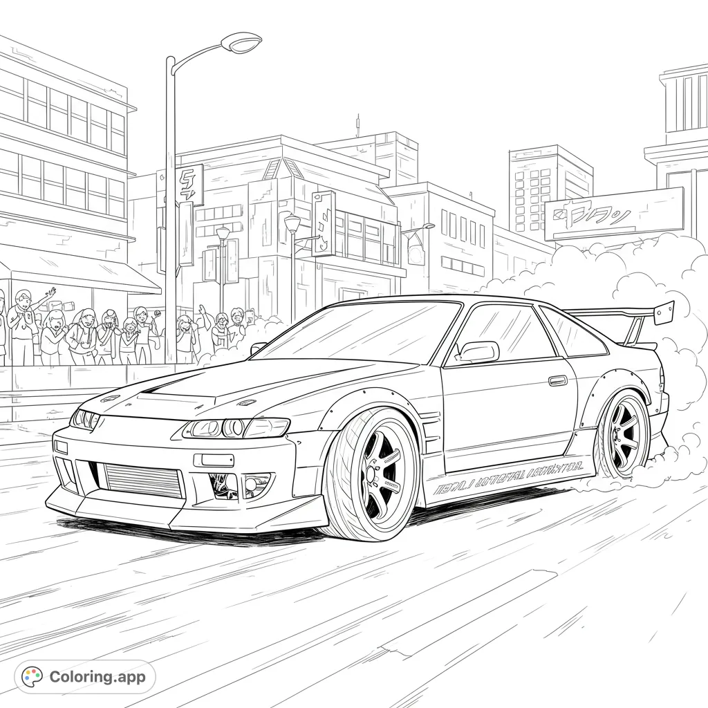 Dynamic sports car drifting on a city street with cheering crowd. A thrilling urban racing scene for coloring.