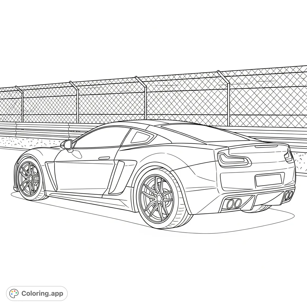 An aggressive street racer with bold body lines and side-exit exhaust, parked by a track fence, waiting to be brought to life with color.