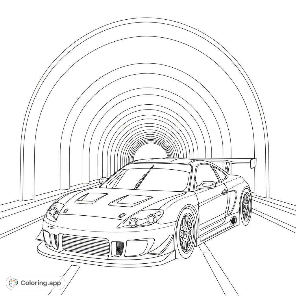 A dynamic street racing coupe poised at a tunnel entrance, featuring bold design and repeating architectural arches for a sense of speed and depth.