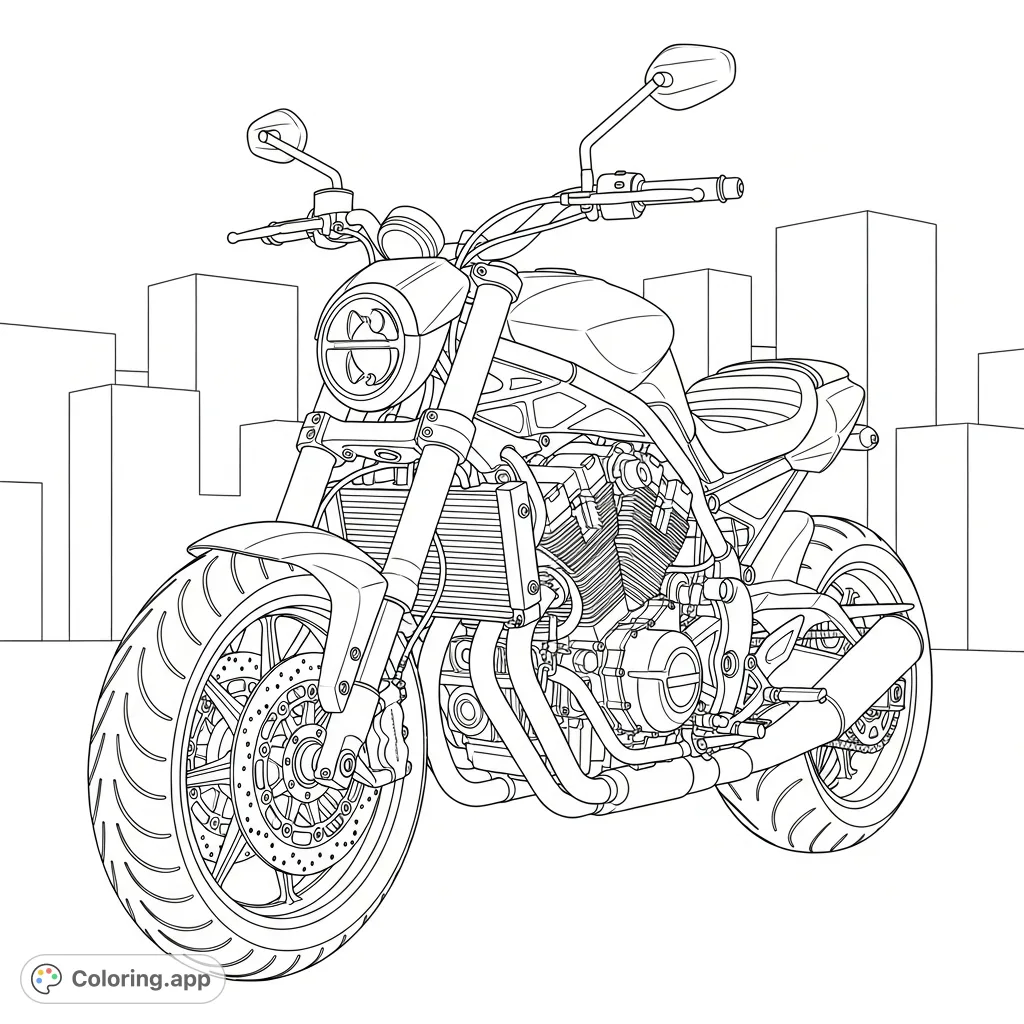 An aggressive streetfighter motorcycle, featuring wide handlebars, a powerful exposed engine, and detailed wheels, set against a minimalist urban backdrop.