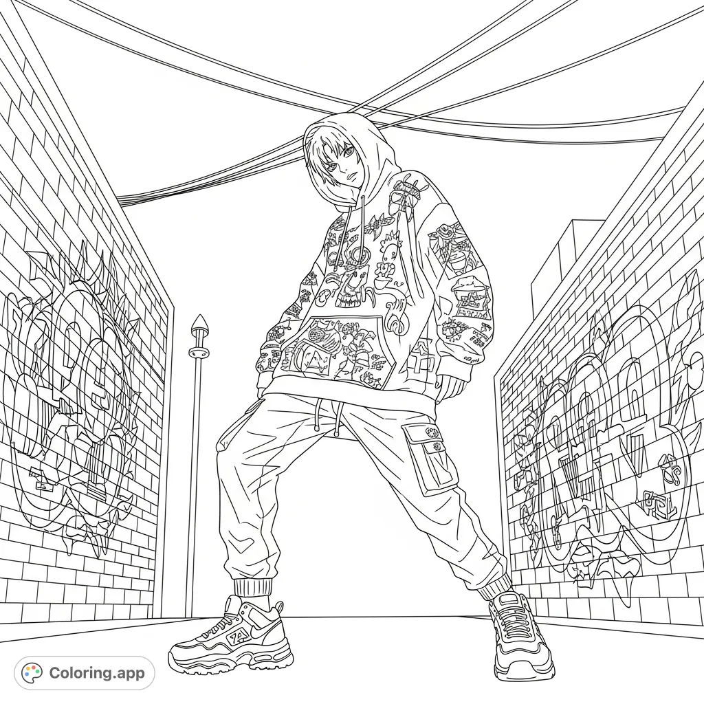 An anime-inspired figure in dynamic streetwear poses in a graffiti-filled urban alley, surrounded by edgy details and crisscrossing power lines.