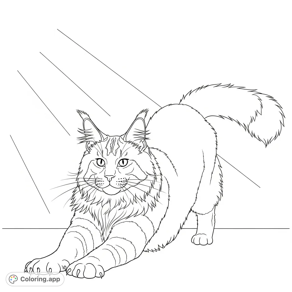 A majestic Maine Coon cat stretches gracefully in a sunlit spot, showcasing its long fur and tufted ears. A calming scene for cat lovers.