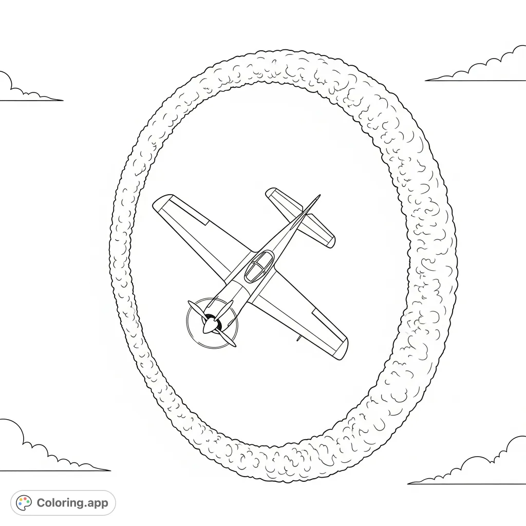 An exciting coloring page featuring a propeller-driven stunt airplane mid-loop, leaving a dynamic smoke trail across a vast, clear sky. Thrilling!