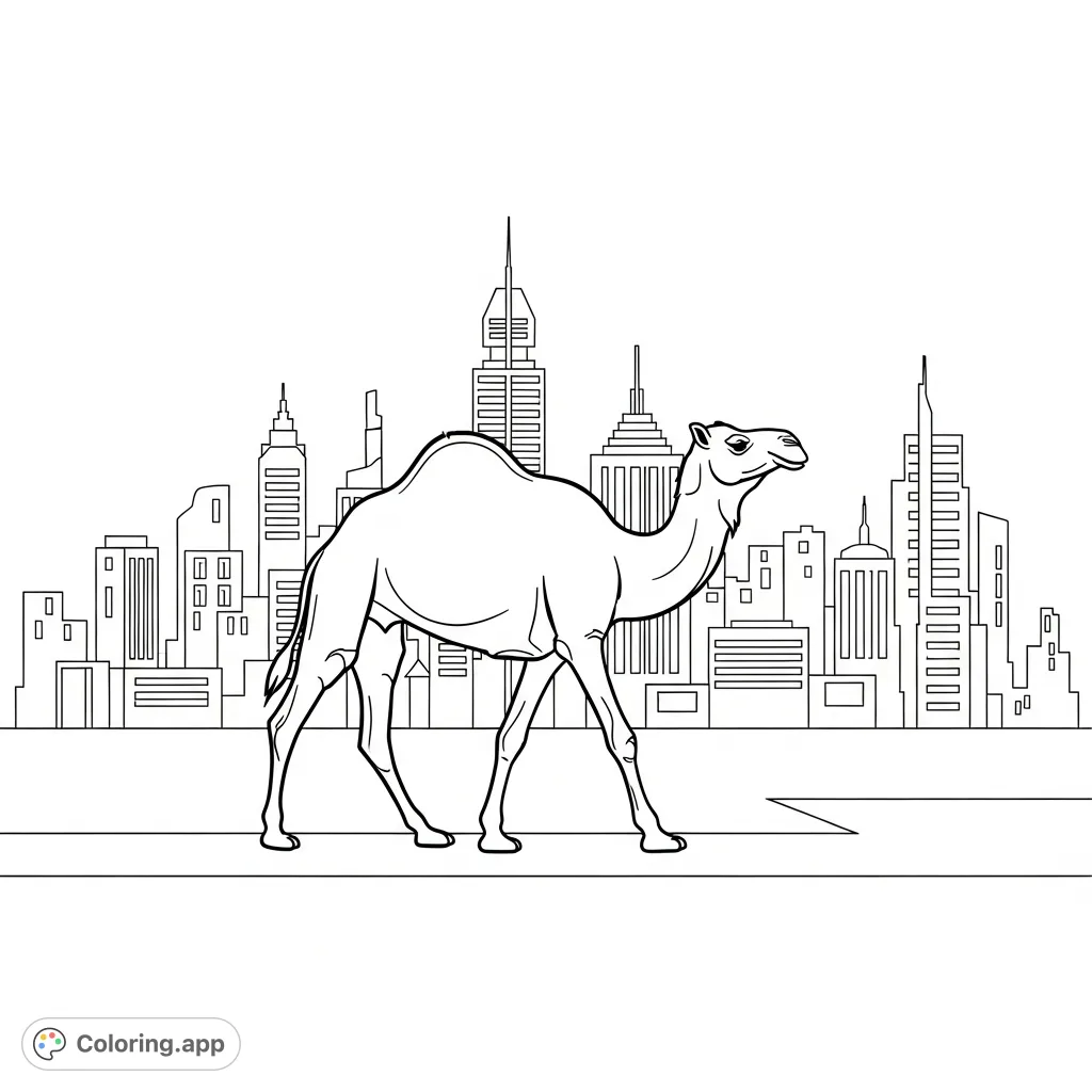 A sleek, stylized camel silhouette traverses the foreground, set against a dynamic city skyline featuring diverse architectural forms and an open sky.
