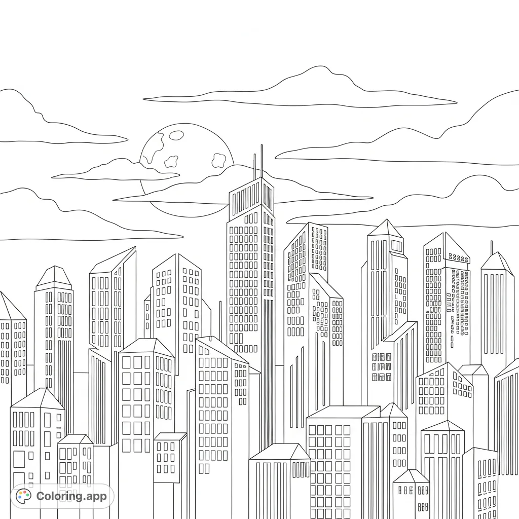 Color a stylized night city skyline with glowing rectangular windows, a tranquil moon partially hidden by clouds, and varied building silhouettes.