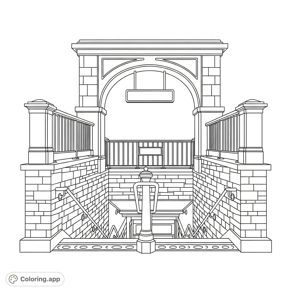 Detailed coloring page featuring a stylized subway entrance with elegant curved railings, textured brick walls, and a glimpse of the platform beyond.
