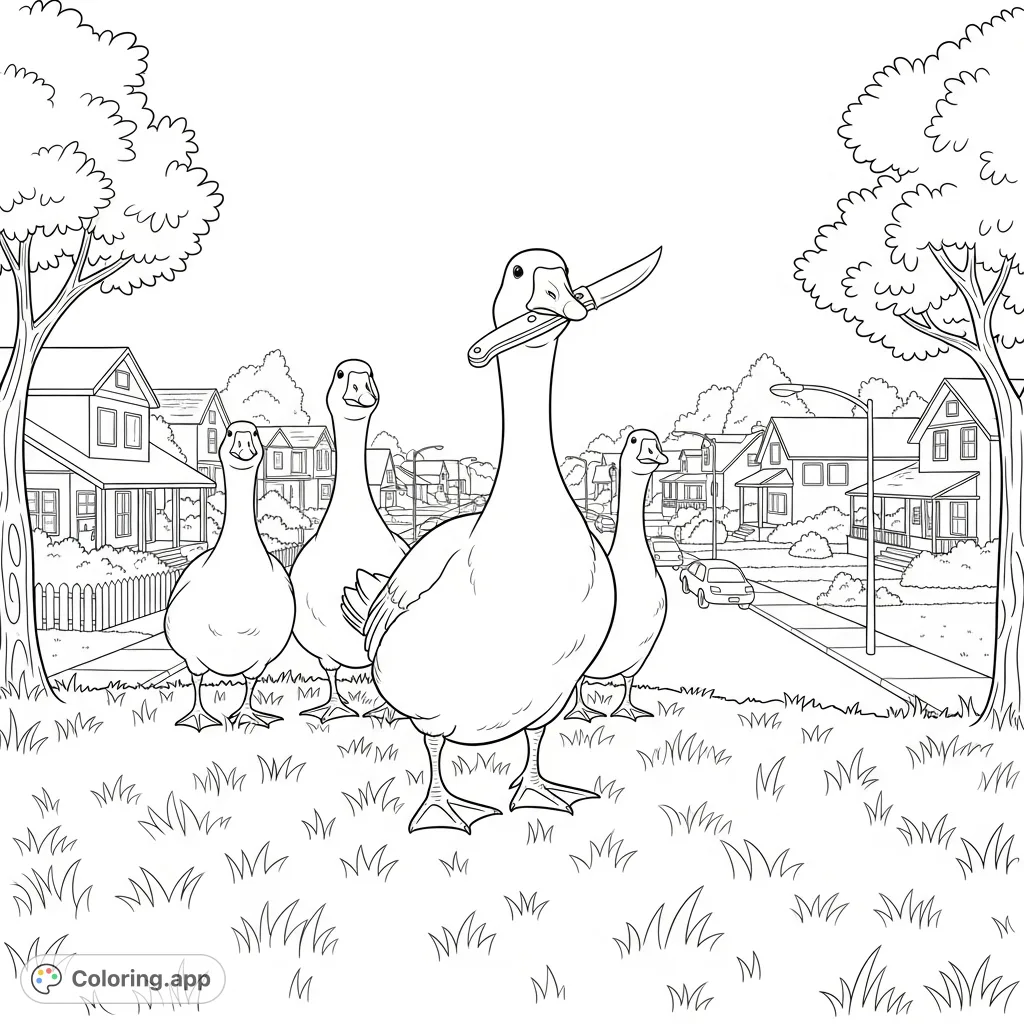 A bold lead goose brandishes a switchblade, flanked by two companions, surveying a quiet suburban street from a grassy knoll. A unique and detailed scene.